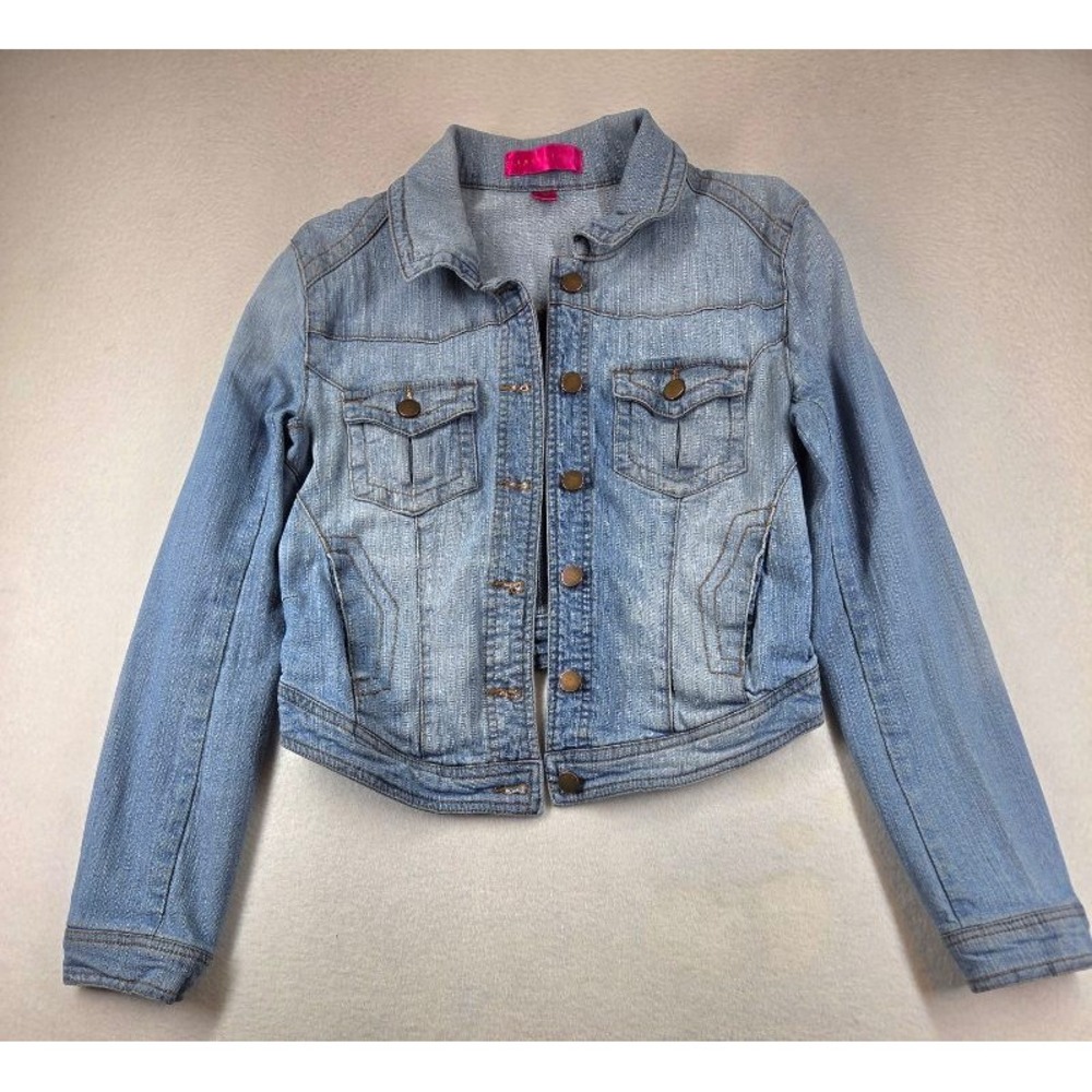 Tinseltown Denim Couture Womens Light Wash Cropped Trucker Jacket Blue Medium